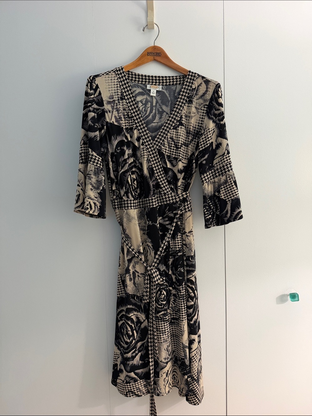 Talbots Black and Beige Mixed Floral Houndstooth Wrap Midi Dress